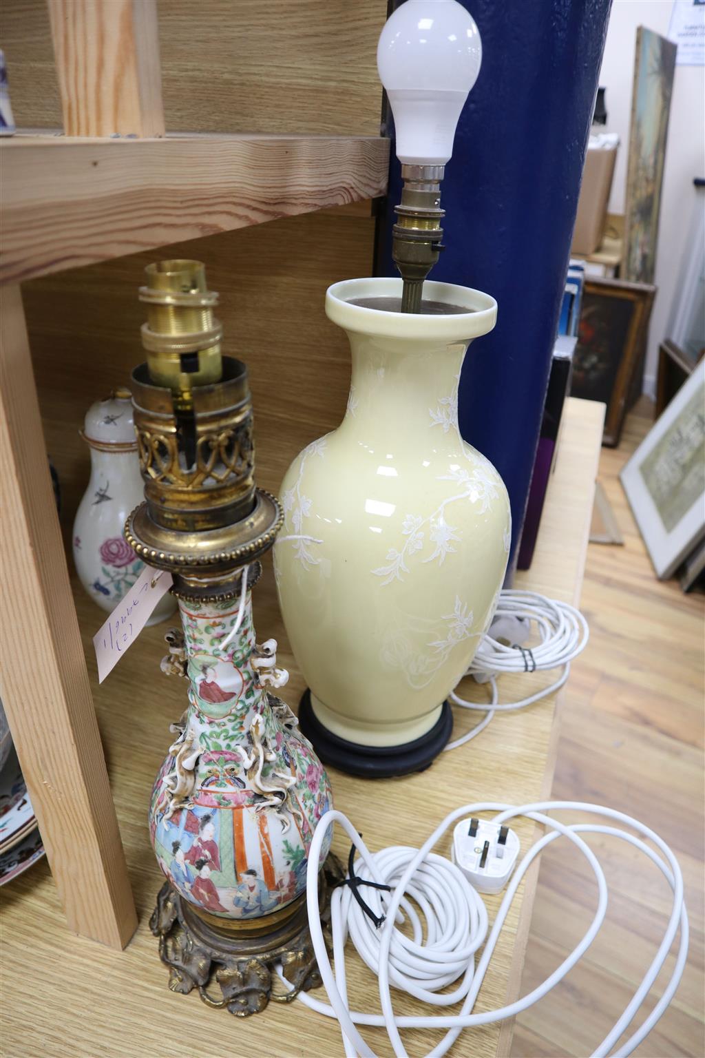 A Chinese cream glazed and white enamelled baluster vase, 36cm and a Canton enamelled vase, both converted to lamps, latter repairs